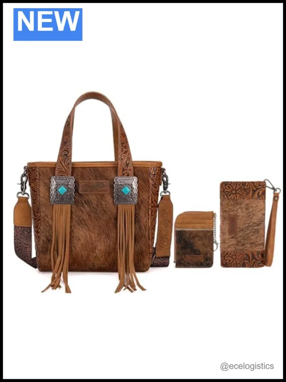 Genuine Hair-On Cowhide Western Tote with Turquoise Concho Fringe